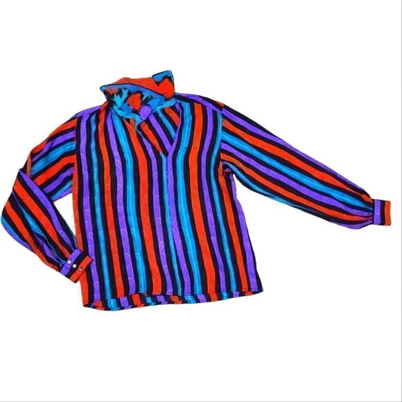70s/80s John Yang for Jack Mulqueen Striped & Paisley 100% Silk Blouse Mock-neck - Picture 3 of 11